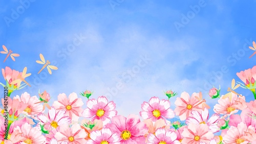 秋のコスモスと青空の水彩背景イラスト　壁紙