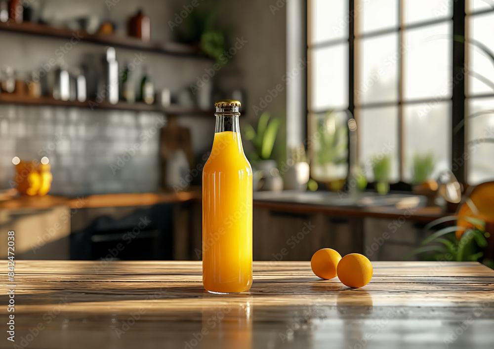 Hyper-Realistic Bottle and Glass of Orange Juice Mockup on Kitchen Table with Copy Space Hyper-Realistic Bottle and Glass of Orange Juice Mockup on Kitchen Table with Copy Space