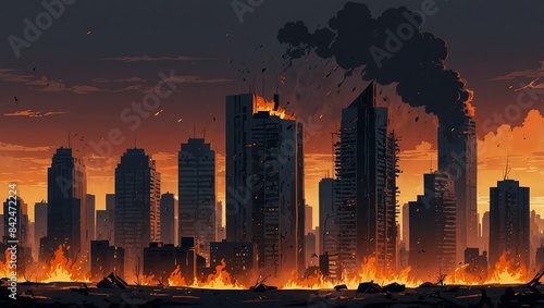 panorama of burning buildings in a modern city The consequences of a war or an earthquake A post-apocalyptic landscape. 2d style photo