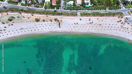 Establishing aerial view of the beautiful city beach at Glyfada, southern suburb of Athens, Greece photo