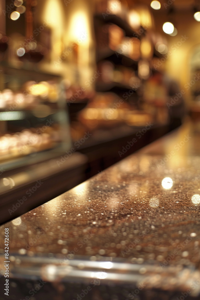 An elegant, polished granite display table in the foreground with a blurred background of a luxury chocolatier. The background features beautifully crafted chocolates and stylish packaging An elegant, polished granite display table in the foreground with a blurred background of a luxury chocolatier. The background features beautifully crafted chocolates and stylish packaging