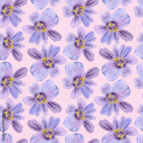 Wallpaper Mural Seamless pattern of hand drawn delicate watercolor flowers floral lilac plants. Herb flower. Drawing summer Botanical greenery illustration on pink background. For fabric, wallpaper, wrapping decor Torontodigital.ca
