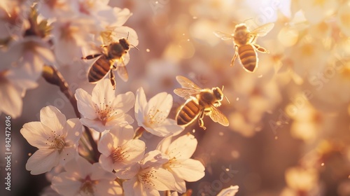 Bees Pollinating Cherry Blossoms in the Golden Hour. © Yada