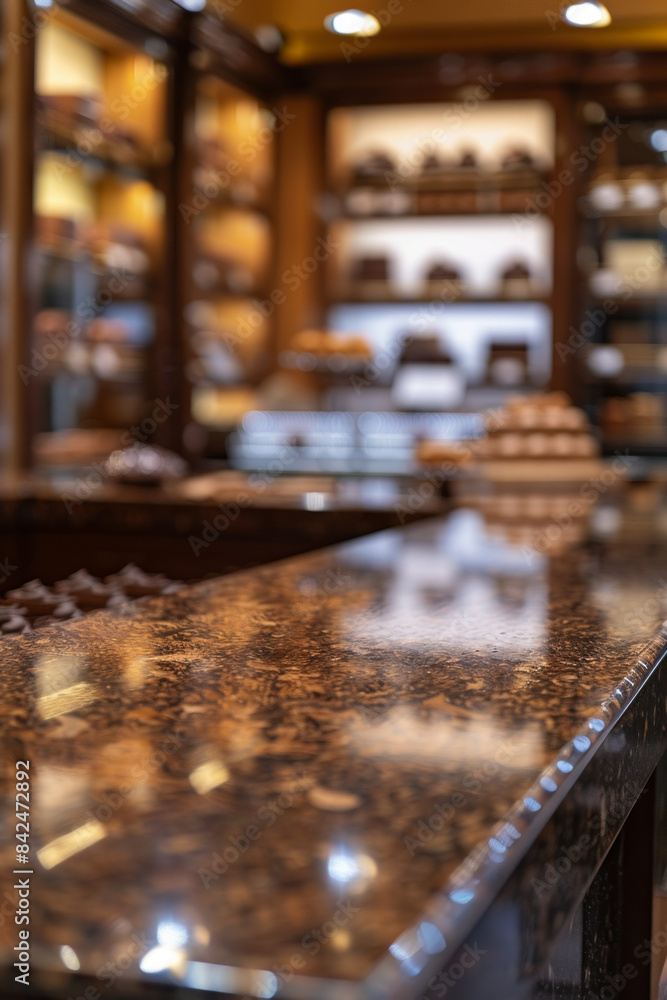 An elegant, polished granite display table in the foreground with a blurred background of a luxury chocolatier. The background features beautifully crafted chocolates and stylish packaging An elegant, polished granite display table in the foreground with a blurred background of a luxury chocolatier. The background features beautifully crafted chocolates and stylish packaging