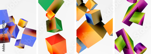 Flying 3d shapes, cubes and other geometric elements background design for wallpaper, business card, cover, poster, banner, brochure, header, website