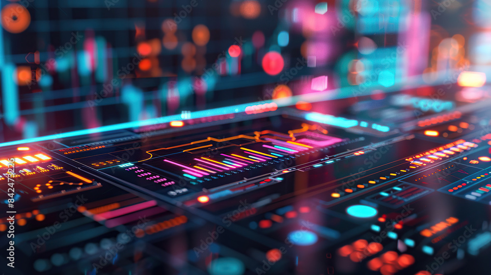 Fototapeta premium Closeup of an AI dashboard displaying stock market data with colorful graphs and charts,