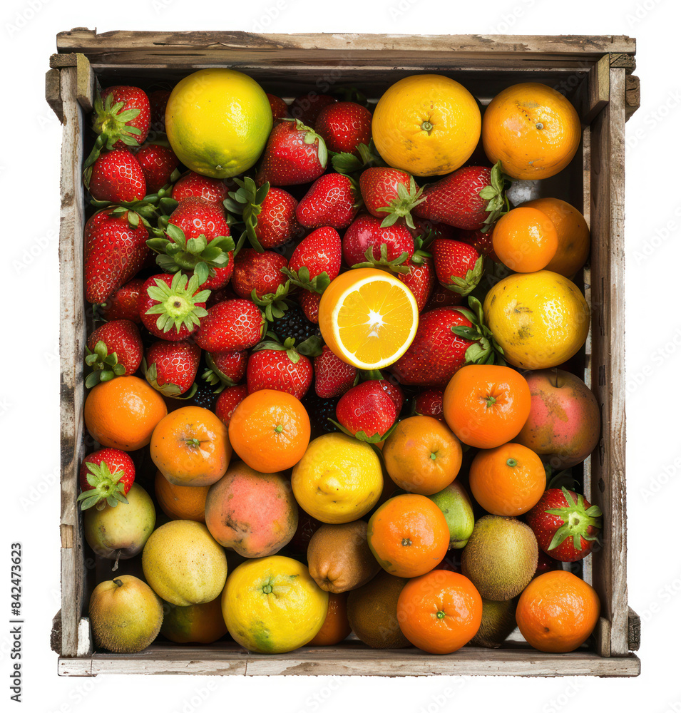 A wooden crate filled with colorful fruits designs A wooden crate filled with colorful fruits designs