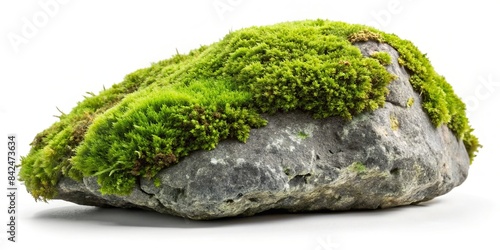A weathered, gray rock, covered in a lush green carpet of moss, is isolated against a stark white background, rock, moss, stone, nature, green, texture, isolated, white background, botanical