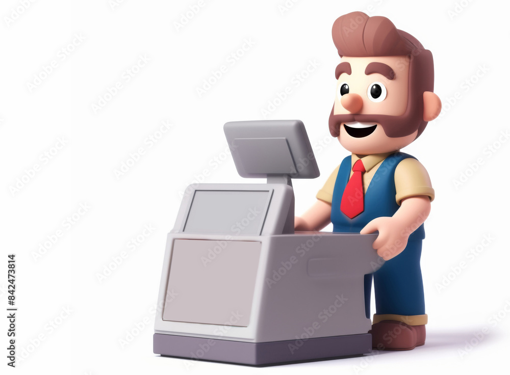 Salesman man at checkout. Isolated 3d illustration on white background. Salesman man at checkout. Isolated 3d illustration on white background.