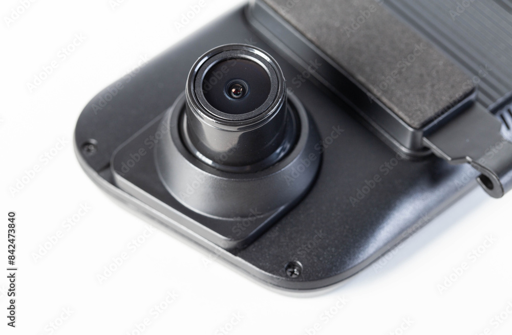 Car mirror with rear view camera and video recorder on a white background, isolate, close-up Car mirror with rear view camera and video recorder on a white background, isolate, close-up