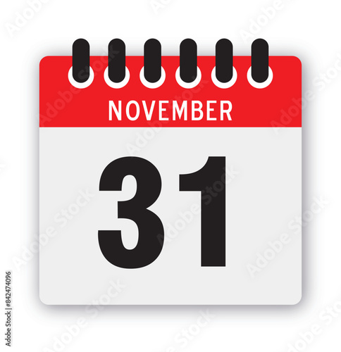 November 31 Calendar Reminder Icon: Daily Template Vector Illustration