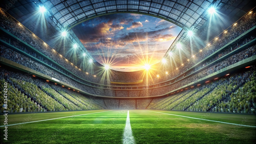 Empty soccer stadium tunnel with bright lights and green grass leading to the field, surrounded by a packed and atmospheric stands with cheering crowd anticipation. Empty soccer stadium tunnel with bright lights and green grass leading to the field, surrounded by a packed and atmospheric stands with cheering crowd anticipation.
