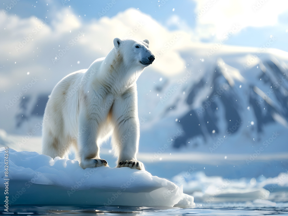 Polar bear standing tall, majestic on iceberg, surrounded by icy waters, under cloudy skies. Polar bear standing tall, majestic on iceberg, surrounded by icy waters, under cloudy skies.