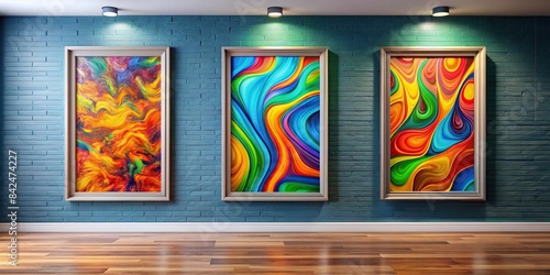 Colorful abstract art of three frames on a wall with vibrant free form shapes, abstract, minimalism, bright, vibrant, artwork,frame, wall, mockup, concept, free form, shape, tone © Sompong