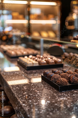 An elegant, polished granite display table in the foreground with a blurred background of a luxury chocolatier. The background features beautifully crafted chocolates and stylish packaging © grey