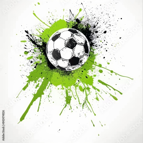 Dynamic soccer ball with classic black and white pentagonal pattern in green-black splashes against clean white background.