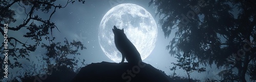 CG 3D render of a wolf howling at a full moon, seen from above, halloween atmosphere, misty forest backdrop, high contrast lighting, exaggerated shadows, ample copyspace