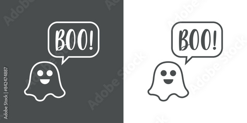 Logo con fantasma para invitaciones y tarjetas de Halloween. Silueta de fantasma con burbuja de habla con palabra Boo en caligrafía