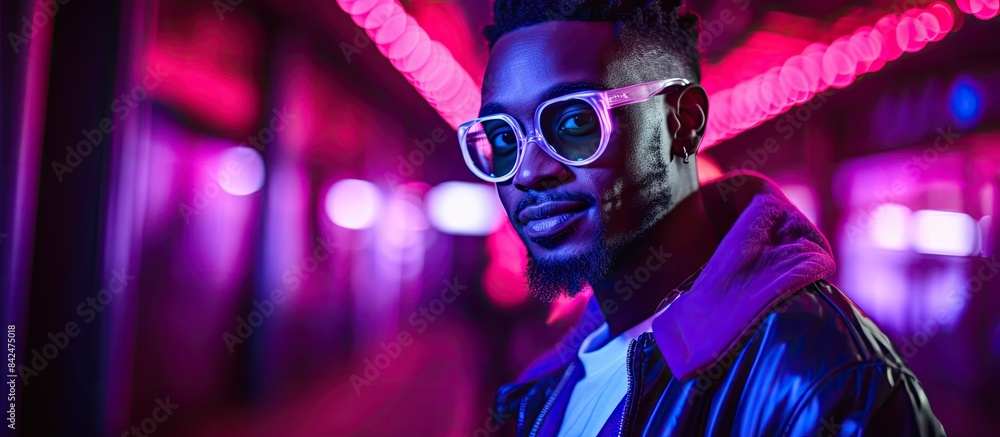A stylish, Black man in wireless headphones and a leather jacket enjoys his favorite songs, standing relaxed with closed eyes under neon light on a purple background with copy space image. A stylish, Black man in wireless headphones and a leather jacket enjoys his favorite songs, standing relaxed with closed eyes under neon light on a purple background with copy space image.