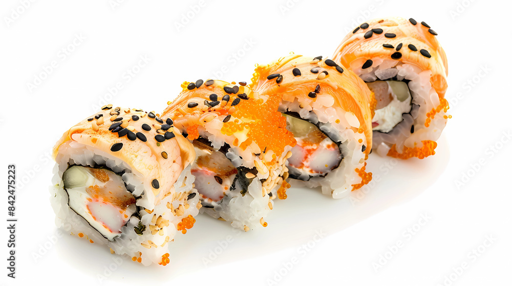 Close-up photo of various sushi rolls, professional photography for a sushi restaurant Close-up photo of various sushi rolls, professional photography for a sushi restaurant