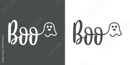 Logo con fantasma para invitaciones y tarjetas de Halloween. Silueta de fantasma con palabra Boo en caligrafía