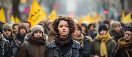 A young woman protesting outdoors with a group of activists in the background, captured in a copy space image. © Ilgun