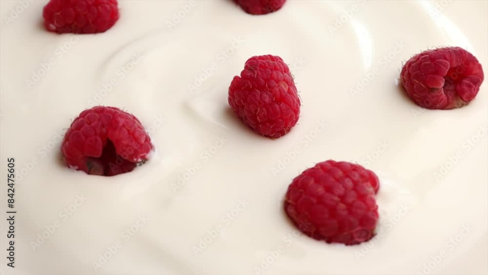 yogurt with raspberry, rotation in circle. Greek natural yogurt with red berry, Turning. yogurt with raspberry, rotation in circle. Greek natural yogurt with red berry, Turning.