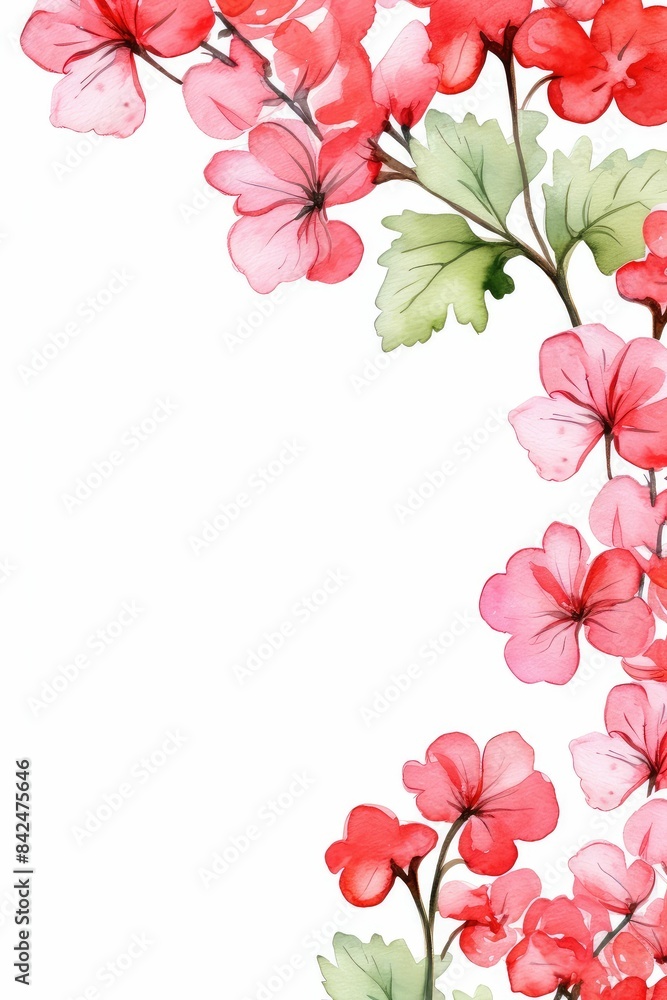 Naklejka premium geranium themed frame or border for photos . with clusters of red, pink, and white blooms. watercolor illustration, white color background.