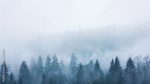 A misty forest enveloped in fog with a hidden waterfall flowing among the trees, Symbolizing mystery and enchantment