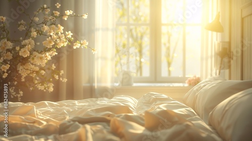 Bed Mattress and Pillows Mess up Bedroom in morning sunlight, White bedding sheets and pillow background, Messy bed after good sleep concept