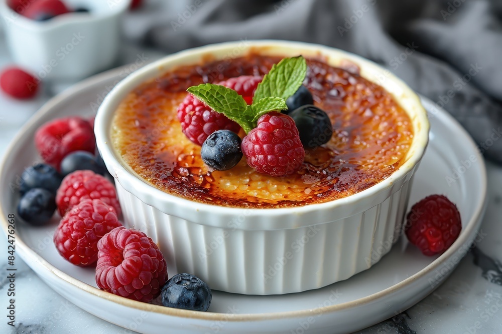 Creme Brulee with a perfectly caramelized sugar crust. Served in a white ramekin with fresh berries and mint leaves on the side. --ar 3:2 --style raw --stylize 750 Job ID: fa4f6574-bdb8-4b8c-97fe-8ce3 Creme Brulee with a perfectly caramelized sugar crust. Served in a white ramekin with fresh berries and mint leaves on the side. --ar 3:2 --style raw --stylize 750 Job ID: fa4f6574-bdb8-4b8c-97fe-8ce3