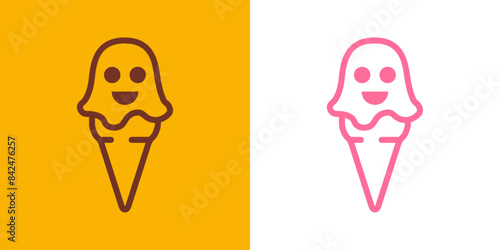 Logo ice cream. Silueta de bola de helado con líneas con forma de fantasma en cono de waffle sabores fresa y chocolate para Halloween