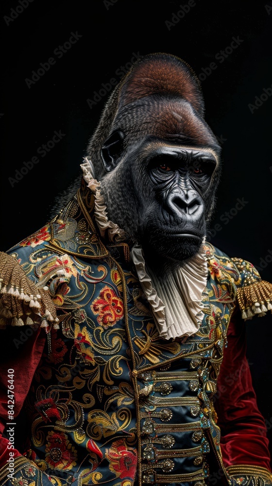 Gorilla wears elegant 1800s fashion, black background. Gorilla wears elegant 1800s fashion, black background.