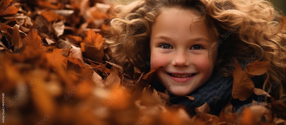 Kid wearing a warm jacket in nature with autumn leaves for glasses in a copy space image. Kid wearing a warm jacket in nature with autumn leaves for glasses in a copy space image.