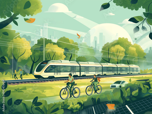 Environmentally friendly transport surrounded by nature. Cyclist and green electric car on the road, yellow electric train on the railway, dense forest and trees, charging station with solar panels.