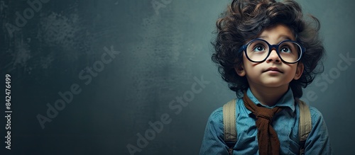 Asian boy in glasses pondering with a thoughtful expression against a white background, looking for a solution in a copy space image.