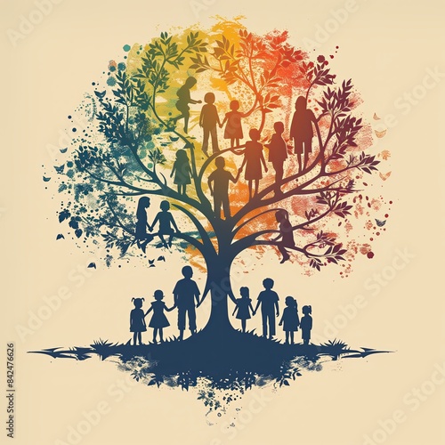 a colorful family tree with many silhouettes of people inside