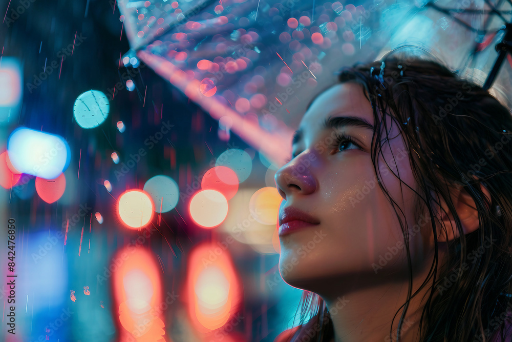 Young tourist woman enjoys the rain with an umbrella city streets generative AI Young tourist woman enjoys the rain with an umbrella city streets generative AI