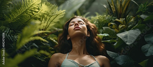 A young lady practices alternate nostril breathing in meditation to relieve anxiety, with copy space image.