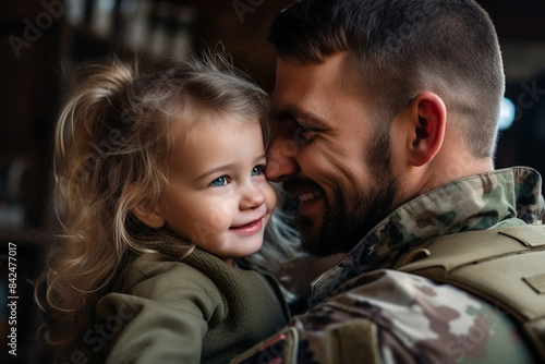 Generative AI illustration of young person soldier hugging baby