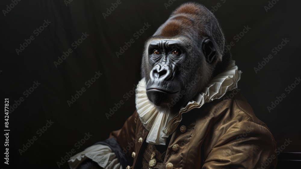 Gorilla wears elegant 1800s fashion, black background. Gorilla wears elegant 1800s fashion, black background.