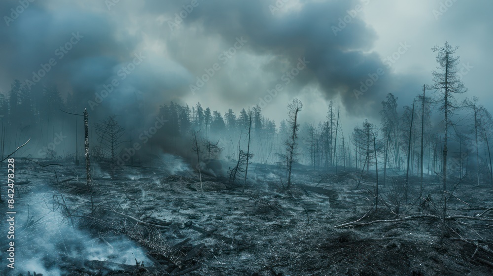 Land after a forest fire that is still smoking hot. Natural disaster environmental damage. Land after a forest fire that is still smoking hot. Natural disaster environmental damage.