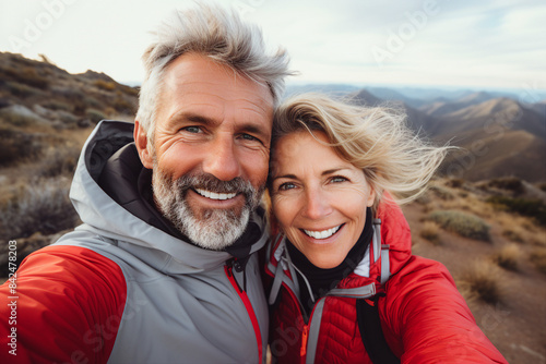 AI generated picture of happy elderly people couple on weekend trip together