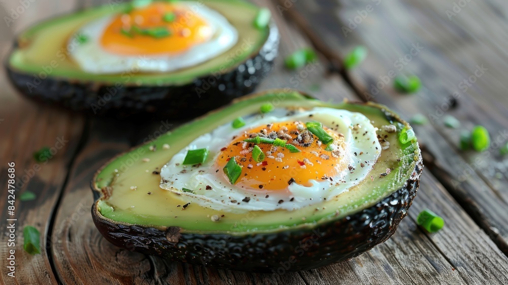 Avocado and egg baked on a wooden surface Avocado and egg baked on a wooden surface