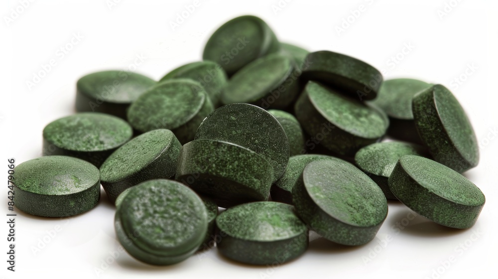 A cluster of round, green spirulina tablets rest on a white background, emphasizing its convenient supplement form. A cluster of round, green spirulina tablets rest on a white background, emphasizing its convenient supplement form.