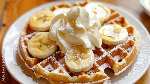 Banana slices and cream on a waffle