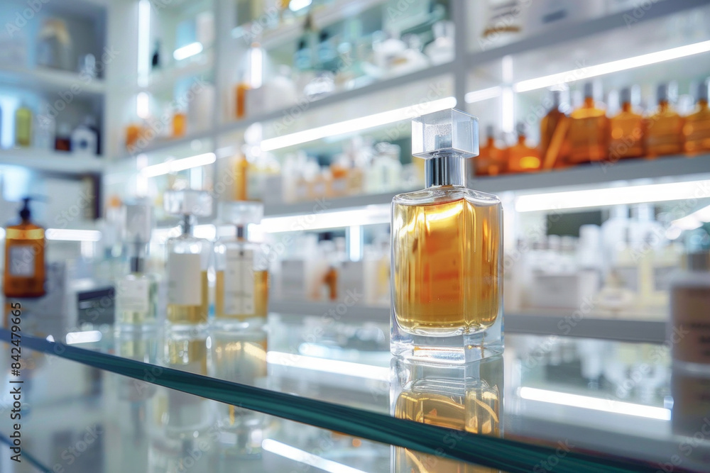 An elegant, polished glass worktable in the foreground with a blurred background of a high-end perfume laboratory. An elegant, polished glass worktable in the foreground with a blurred background of a high-end perfume laboratory.