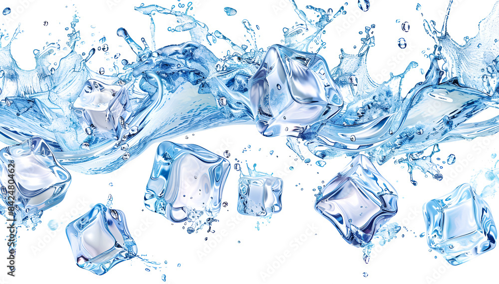 Water wave splashes with ice cubes. Isolated realistic crystal blocks, transparent pieces on white background Water wave splashes with ice cubes. Isolated realistic crystal blocks, transparent pieces on white background