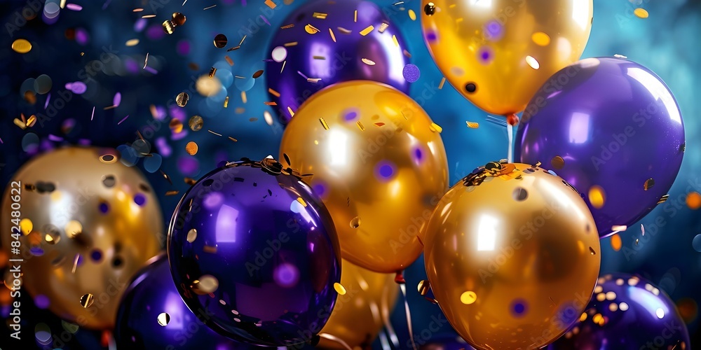 Backdrop adorned with gold and purple balloons and confetti for events ...