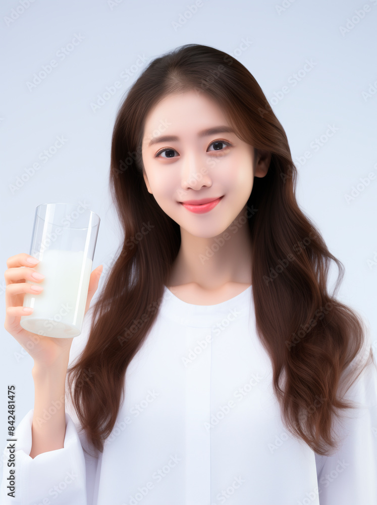A Chinese girl with medium-long hair, wearing white clothes, smiling happily at the camera, holding a glass of milk in her hand,with a clean background in a white minimalist scene A Chinese girl with medium-long hair, wearing white clothes, smiling happily at the camera, holding a glass of milk in her hand,with a clean background in a white minimalist scene